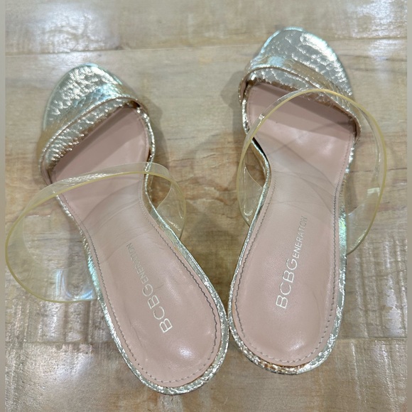 BCBGeneration gold metallic open toe wedge PATTI heels shoes slide sandal - Picture 6 of 16